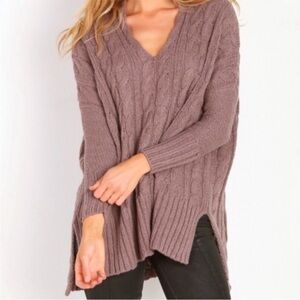 Free People Cable Knit V-Neck Sweater Tunic in Light Brown